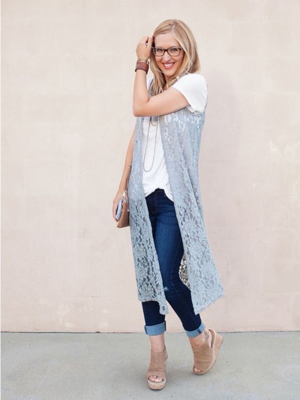LuLaRoe Light Gray Lace Long Vest